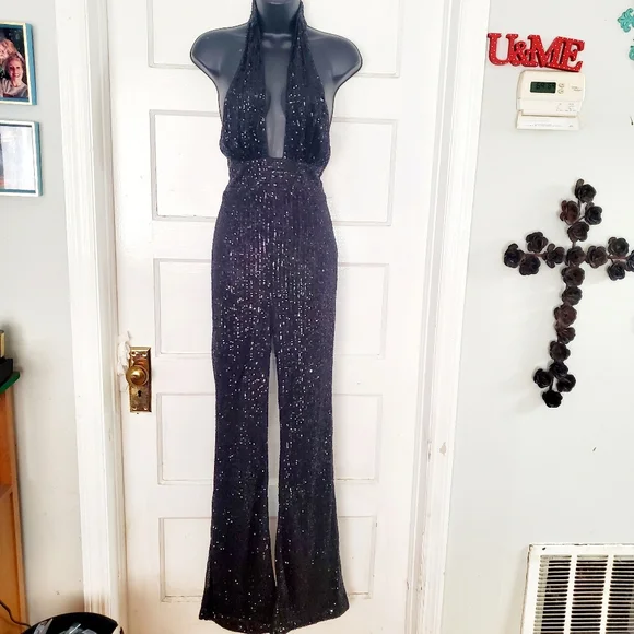 Black Glitter Halter Jumpsuit - Picture 2 of 7
